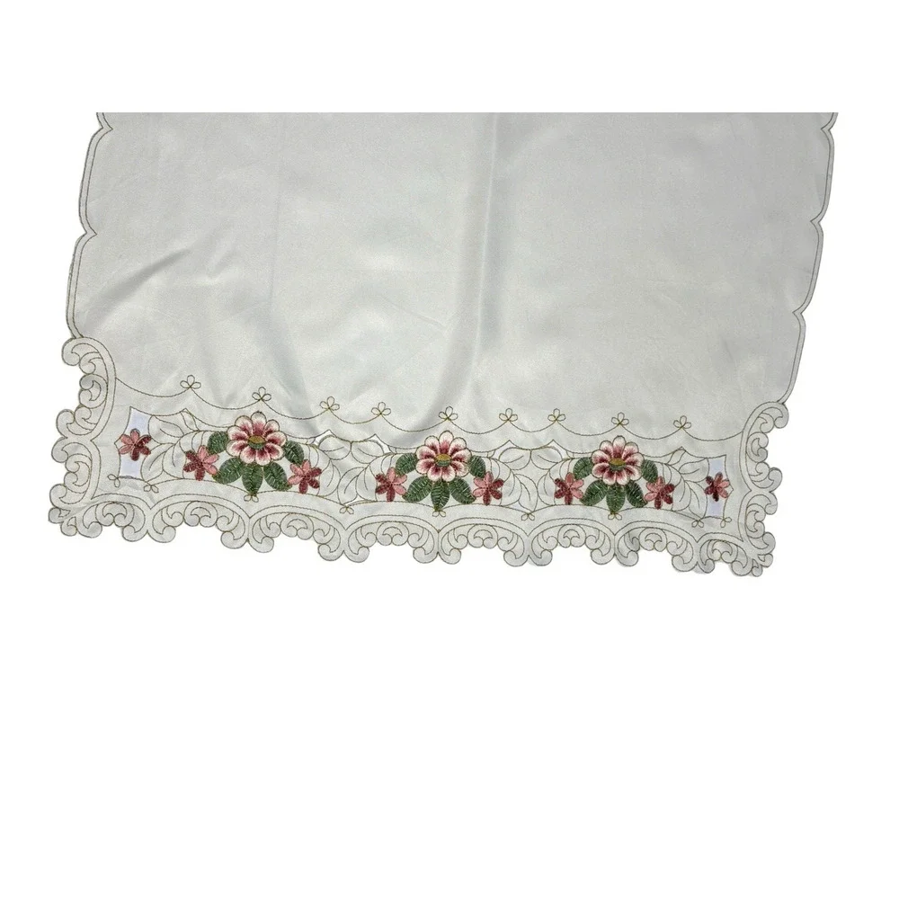 Vintage Set Ivory Embroidered Valances Silky Satin Warm White Floral Stunning